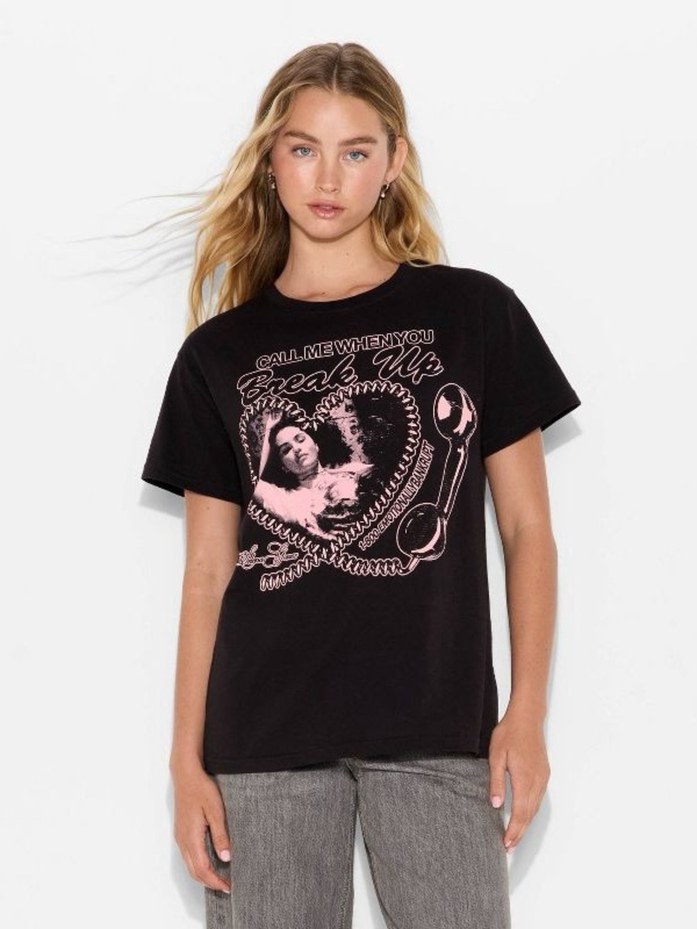 Selena Gomez Black Tee with Pink Heart Graphic